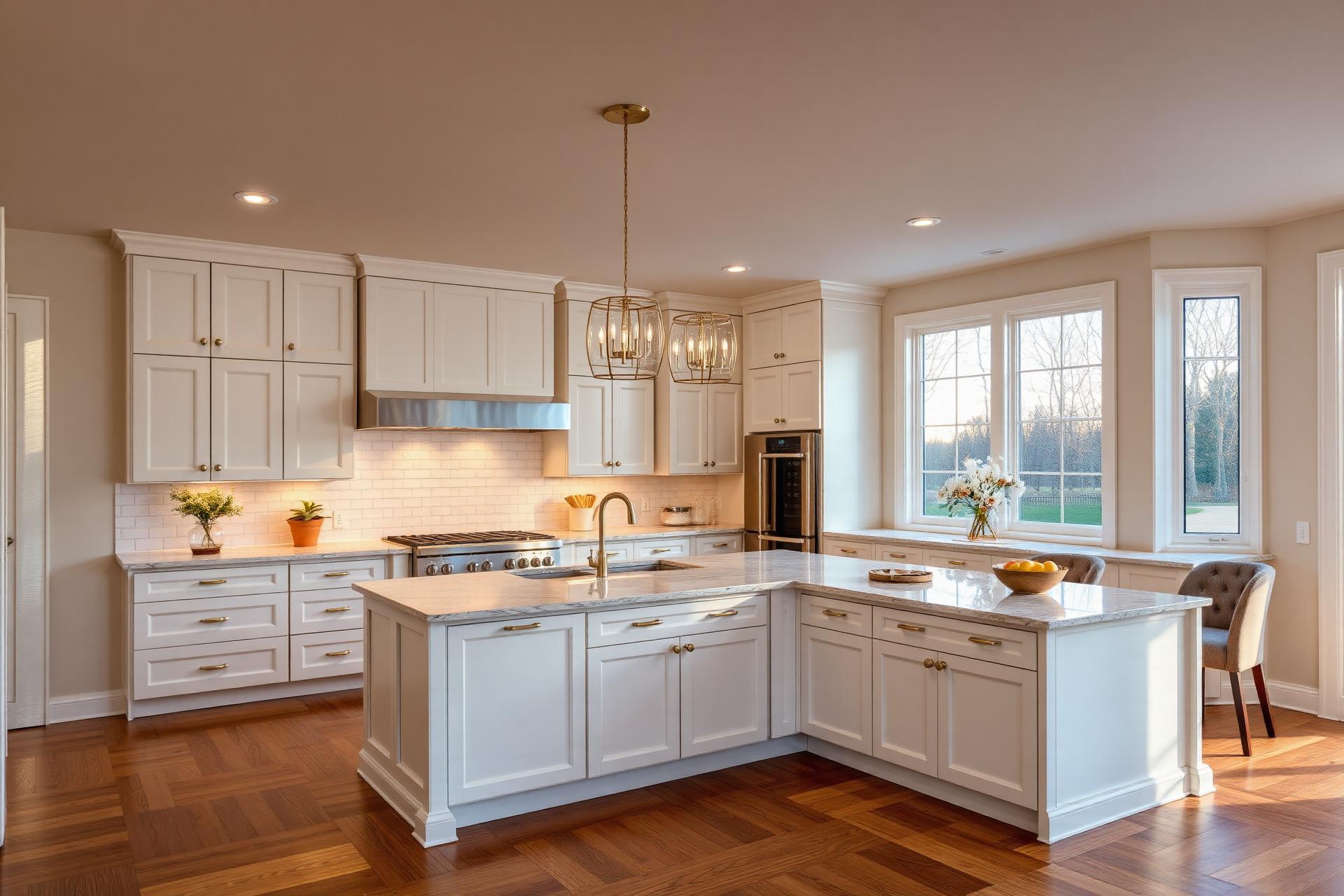 Remodeled modern kitchen with white cabinets and brass fixtures