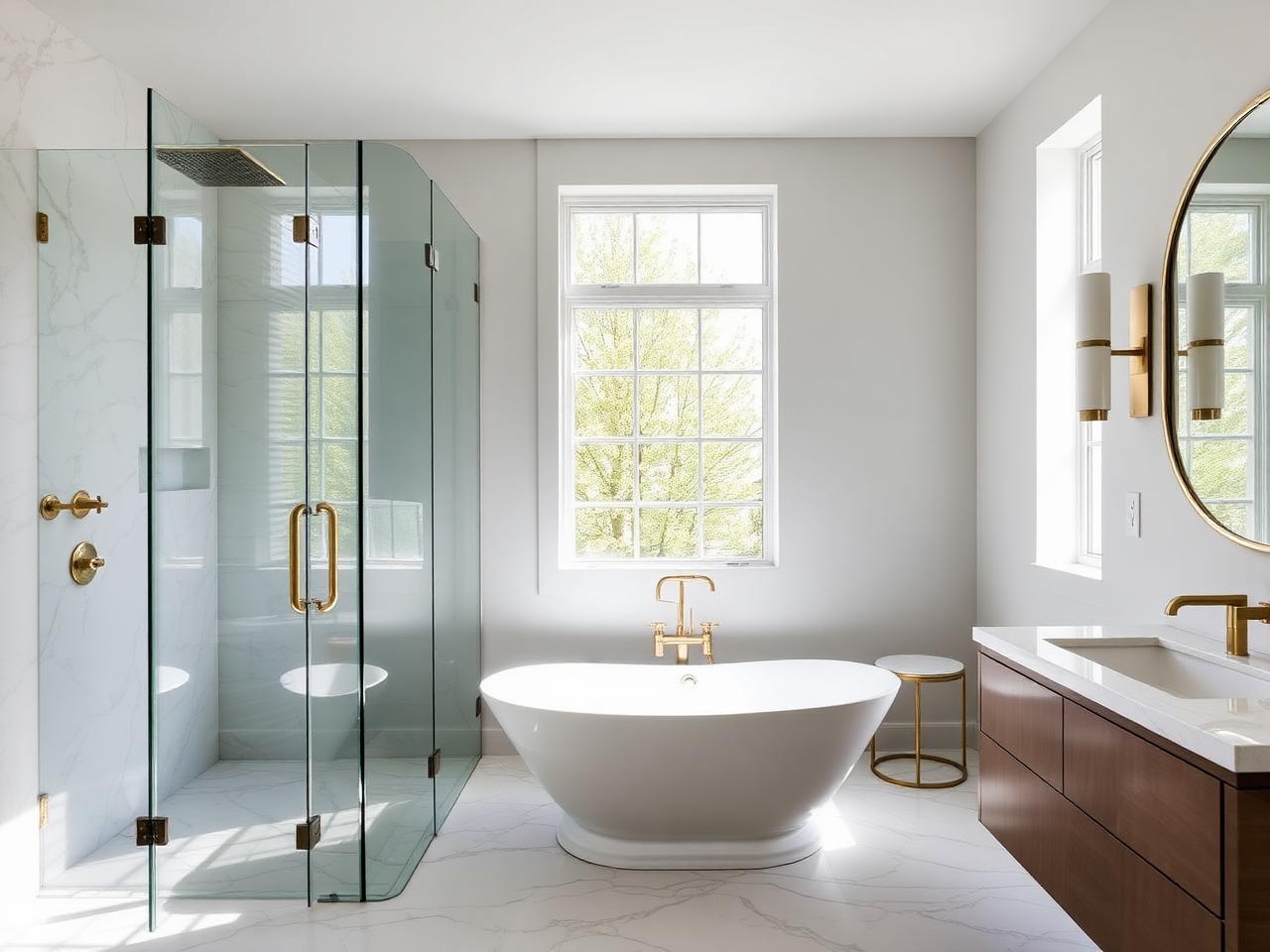 Modern bathroom with freestanding tub, glass shower, and brass fixtures
